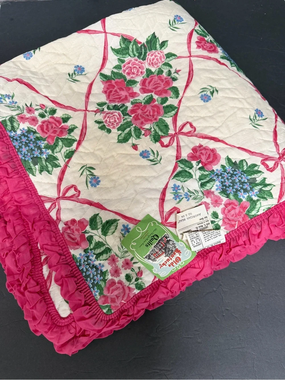 VTG Pink Roses Floral Quilted Bedspread OLDE KENTUCKY QUILTS 80x84” NOS